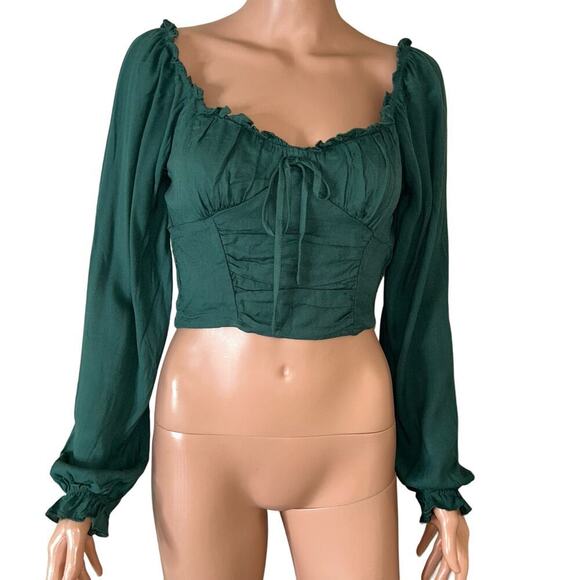 NEW Blouse top Ruffle Smocked Crop Top BoHo Bohemian Festival corset puff sleeve - Picture 2 of 8